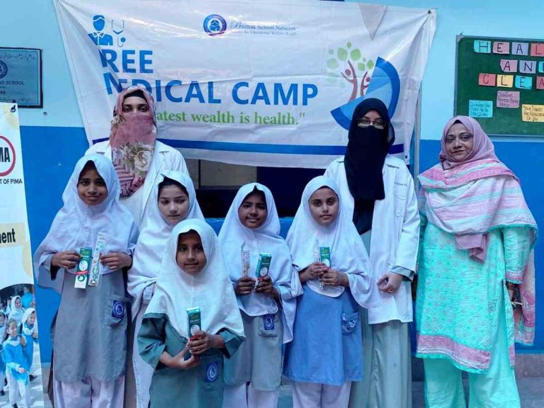 Group photo of PIMA doctors with Baithak School Sikandarabad Campus students during the medical camp.