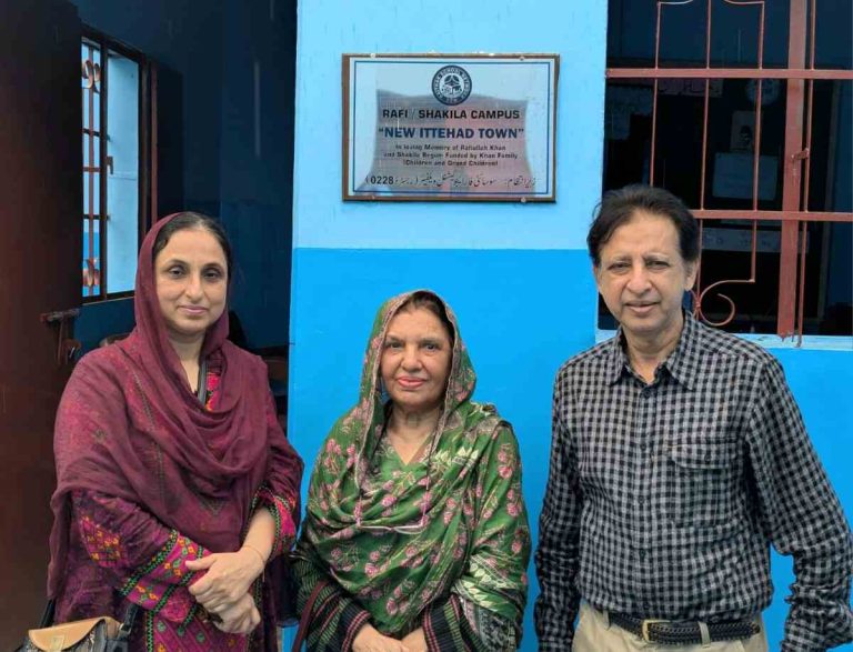 Dr. Aman Khan with his wife and sister at Baithak School Rafi / Shakila Campus, New Ittehad Town.