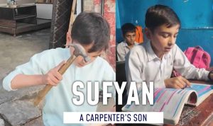 Sufyan, a Class 4 student at Baithak School Swat, studying and helping his father in a carpentry workshop.